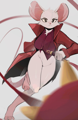 anthro barefoot bottomless breasts clothed clothing coat eyebrows featureless_crotch feet female fur notched_ear red_clothing red_coat red_topwear solo topwear weapon whip white_body white_fur surge09 mina_the_hollower yacht_club_games mina_(mina_the_hollower) mammal mouse murid murine rodent 2026 absurd_res hi_res