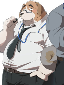 accessory anthro belly biped black_nose blush bodily_fluids bottomwear brown_body brown_fur clothing duo eyewear fur glasses humanoid_hands kemono male necktie overweight overweight_male pants shirt simple_background solo_focus standing sweat topwear white_background white_body white_fur emufu canid canine canis domestic_dog mammal 2026 hi_res