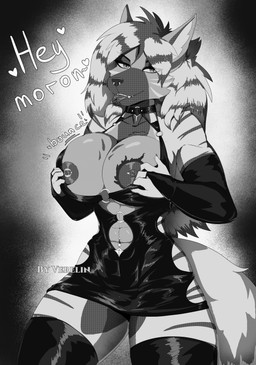 breasts clothed clothing ear_piercing female latex latex_clothing nipple_piercing nipples piercing presenting presenting_breasts solo standing tongue tongue_out verelin canid hyena mammal 2025 absurd_res hi_res monochrome