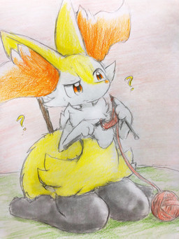 ambiguous_anthro ambiguous_gender anthro ball_of_yarn big_tail biped bodily_fluids closed_frown confusion front_view frown knitting mouth_closed question_mark simple_background sitting solo sweat sweatdrop tail three-quarter_view wariza yarn eiroru nintendo pokemon braixen canid generation_6_pokemon mammal pokemon_(species) 2018 3:4 colored_pencil_(artwork) colored_sketch full-length_portrait graphite_(artwork) hi_res japanese_description portrait sketch traditional_media_(artwork) translated_description