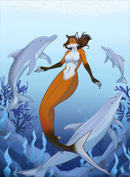 anthro breasts brown_body brown_hair countershading featureless_breasts female hair smile solo split_form swimming underwater water white_body white_countershading chocosarit julia_(werefox) ambient_dolphin aquatic canid canine fox mammal merfolk 2025 absurd_res hi_res