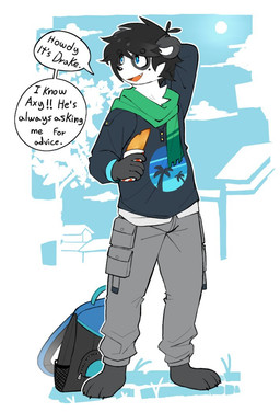5_fingers anthro backpack bottomwear clothing dialogue facial_markings fingers food hair hand_behind_head head_markings holding_food holding_object male markings no_shoes open_mouth open_smile pants plant scarf simple_background smile solo speech_bubble tree axy_usagi drake_(axy_usagi) bear giant_panda mammal