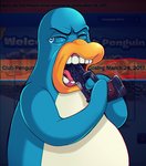 anthro beak blue_body blue_feathers bodily_fluids detailed_background feathers gun gun_in_mouth imminent_death male multicolored_body ranged_weapon saliva solo suicide tears teeth teeth_showing text toothed_beak two_tone_body weapon white_body white_feathers shadman club_penguin avian bird penguin 2017 english_text