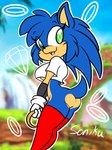 anthro big_breasts blue_body blue_fur bottomless breasts butt clothed clothing crossgender diamond_(gem) female fur gem gloves green_eyes handwear legwear mtf_crossgender power_ring shirt smile tail thigh_highs topwear shinkaku sega sonic_the_hedgehog_(series) sonic_the_hedgehog eulipotyphlan hedgehog mammal digital_media_(artwork) hi_res