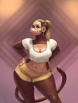 abstract_background anthro big_breasts black_nails blonde_hair bottomwear breasts brown_body brown_fur cleavage clothed clothing colored_nails crop_top curvy_figure dolphin_shorts eyelashes eyewear female fur glasses green_eyes hair hands_on_hips lips looking_away midriff nails navel ponytail round_glasses shirt shorts smile solo standing tail thick_lips thick_thighs topwear voluptuous voluptuous_anthro voluptuous_female wide_hips redustheriotact maddie_kong_(madzisstacked) haplorhine mammal monkey primate 2024 hi_res