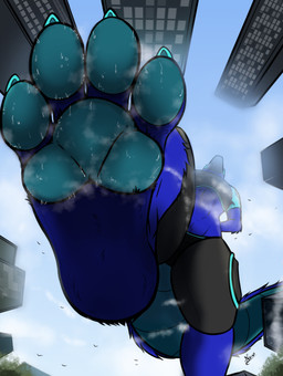 4_toes anthro bodily_fluids claws feet first_person_view foot_fetish foot_focus foot_play low-angle_view machine macro male pawpads paws soles solo sweat sweaty_feet toe_claws toes underfoot ramsseyhyena protogen absurd_res hi_res