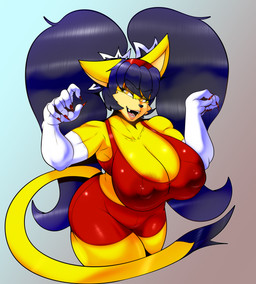 accessory anthro areola areola_slip armwear big_breasts big_hair black_nose blue_background blue_hair bottomwear breasts brown_areola cleavage clothed clothing colored_nails dipstick_tail elbow_gloves eyelashes female front_view fur gloves gradient_background grey_background hair hair_accessory hairband handwear huge_breasts long_nails looking_at_viewer markings muscular muscular_anthro muscular_female nails nipple_outline open_mouth open_smile orange_eyes pigtails red_bottomwear red_clothing red_nails red_shorts red_topwear shorts simple_background smile solo tail tail_markings tan_body tan_fur thick_thighs topwear white_clothing white_gloves white_handwear wide_hips yellow_body yellow_fur randomgloves sega sonic_the_fighters sonic_the_hedgehog_(series) honey_the_cat domestic_cat felid feline felis mammal hi_res