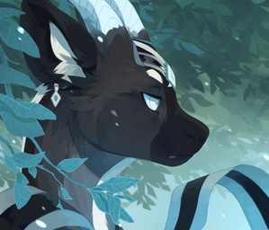 ambiguous_gender black_body black_fur blue_horn blue_sclera ear_piercing eyelashes fur grey_body grey_fur horn inner_ear_fluff leaf light_horn mouth_closed narrowed_eyes piercing side_view solo tuft unsigned white_body white_eyes white_fur white_inner_ear_fluff corzh77 mythology dragon furred_dragon furred_scalie mythological_creature mythological_scalie scalie absurd_res hi_res