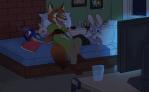 anthro bed beverage bottle bracelet buckteeth claws clothed clothing container duo eating electronics female food furniture jewelry lying male on_bed open_mouth photo pillow plushie popcorn sitting smile soda teeth television toe_claws tongue holmssie disney pepsi zootopia judy_hopps nick_wilde canid canine fox lagomorph leporid mammal rabbit red_fox true_fox 2017 absurd_res hi_res