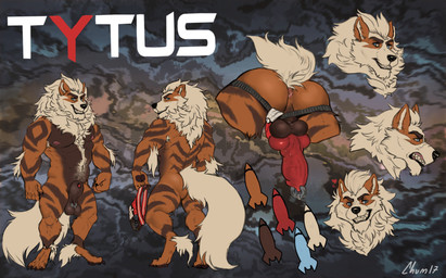 abstract_background animal_genitalia animal_penis anthro anus balls black_nose blue_eyes brown_balls brown_body brown_fur brown_sheath butt canine_genitalia canine_penis clothing clothing_aside erection front_view fur genital_piercing genitals grin jockstrap jockstrap_aside knot male male_anthro muscular muscular_anthro muscular_male nude orange_body orange_fur penis penis_piercing perineum piercing prince_albert_piercing rear_view red_penis scrotum_piercing sheath smile solo standing tail tan_body tan_fur tan_tail underwear underwear_aside vein veiny_penis chumbasket nintendo pokemon tytus_(christofur) arcanine generation_1_pokemon pokemon_(species) absurd_res hi_res model_sheet