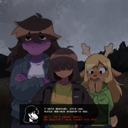 ambiguous_gender ambiguous_human antlers blonde_hair blush clothing cloud covering covering_mouth dialogue dusk female freckles gameplay_mechanics group hair horn jacket outside overcast purple_body shirt sky sweater text topwear trio yolticki deltarune undertale_(series) kris_dreemurr noelle_holiday susie_(deltarune) deer human mammal new_world_deer reindeer reptile scalie 1:1 2025 digital_media_(artwork) english_text hi_res spanish_text