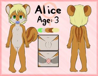 5_fingers 5_toes anthro biped blonde_hair border brown_body brown_fur butt clitoris feet female female_symbol fingers flat_chested fur gender_symbol genitals green_eyes hair humanoid_genitalia humanoid_vulva loli looking_at_viewer multicolored_body multicolored_fur navel nipples nude pacifier pigeon_toed pink_background pink_border simple_background solo spread_legs spread_vulva spreading standing stated_age stated_young symbol toddler toes urethra vulva white_body white_fur young young_anthro young_female khaimera mammal rodent sciurid tree_squirrel 2017 hi_res model_sheet