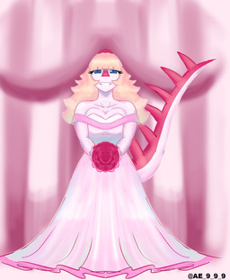 anthro blonde_hair blue_eyes bodily_fluids bouquet breasts cleavage clothed clothing crying detailed_background dress eyelashes female flower flower_bouquet hair long_hair long_tail looking_at_viewer magenta_body magenta_scales plant smile solo spikes spikes_(anatomy) tail tears tears_of_joy teeth text wedding_dress ae_9_9_9 cavemanon_studios i_wani_hug_that_gator mia_moretti dinosaur hadrosaurid ornithischian ornithopod parasaurolophus prehistoric_species reptile scalie 2023 absurd_res artist_name digital_drawing_(artwork) digital_media_(artwork) hi_res watermark