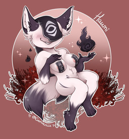 anthro areola areola_slip big_areola big_breasts breasts chastity_seal chibi cloak clothing covered_nipples dark_body fangs female fingers fire fluffy fur ineffective_clothing magic_user markings mask mostly_nude nipple_outline nipple_tape ofuda ofuda_on_breast pasties smile solo talisman tape teeth text white_body cosmoethiic amaverse mythology haumi canid canine demon fox mammal mythological_canine mythological_creature mythological_fox spirit hi_res