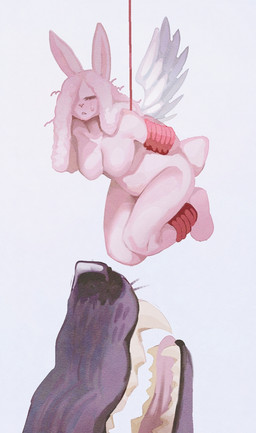 ambiguous_gender anthro arms_tied bared_teeth bent_legs big_breasts bodily_fluids bound breasts cotton_tail dangerous disembodied_mouth disembodied_snout dreadlocks duo eyelashes eyes_closed fangs feathered_wings feathers featureless_breasts female female/ambiguous frown fur glistening glistening_nose grey_snout hair hair_over_eye hands_behind_back imminent_vore legs_tied long_ears long_hair long_snout messy_hair nude nude_anthro nude_female open_mouth pale_fur pink_body pink_fur pink_hair pink_tongue pointy_ears pose prick_ears questionable_consent rabbit_ears red_rope rope sharp_teeth size_difference slightly_chubby slightly_chubby_anthro slightly_chubby_female snout solo_focus suspension sweat sweatdrop teeth tired tongue whiskers white_wings wide_hips wings y_nose wolfertinger onion_(wolfertinger) angel canid canine canis lagomorph leporid mammal rabbit wolf 2024 hi_res pinup shaded soft_shading