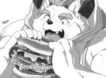 anthro blush bodily_fluids burger clothed clothing eating eyebrows food fur holding_burger holding_food holding_object hoodie horn male open_mouth saliva saliva_string simple_background solo teeth topwear white_background hijirinoyuta lifewonders tokyo_afterschool_summoners behemoth_(tas) monster digital_media_(artwork) monochrome