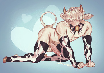 all_fours animal_print anthro balls bangs bell blush bodily_fluids bow_ribbon clothing cow_print cow_suit cum genital_fluids genitals gloves handwear hooves horn legwear long_bangs male muscular muscular_male nipples penis solo stockings white_body urvile bovid bovine cattle mammal hi_res