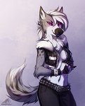 5_fingers anthro black_nose breasts clothed clothing female fingers hair pink_eyes solo tail white_hair neotheta canid canine canis domestic_dog mammal 2018 digital_media_(artwork) hi_res