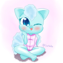 anthro blep blue_body blush clothing daww female fluffy fluffy_tail fur gesture hand_gesture one-piece_swimsuit paws pink_clothing pink_swimwear pubic_mound sitting sitting_cross-legged solo sparkles spread_legs spreading swimwear tail tongue tongue_out v_sign white_body white_fur young young_anthro izzipurrito nintendo pokemon alolan_form alolan_vulpix canid canine fox generation_7_pokemon mammal pokemon_(species) regional_form_(pokemon) 1:1 absurd_res hi_res