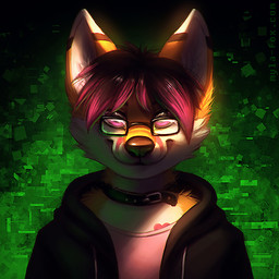abstract_background anthro black_clothing black_collar black_hair black_jacket black_nose black_topwear closed_smile clothed clothing collar eyewear front_view fur glasses hair jacket looking_at_viewer male mouth_closed orange_body orange_fur pink_clothing pink_eyes pink_hair pink_topwear rectangular_glasses simple_background smile solo topwear white_body white_fur mylafox canid canine fox mammal 1:1 2016 bust_portrait detailed icon portrait