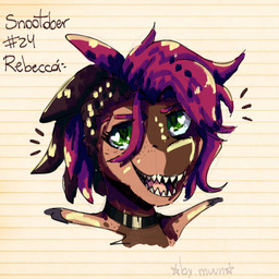 anthro biped brown_body brown_hair choker female freckled_face freckles front_view green_eyes hair heart_symbol jewelry looking_at_viewer medium_hair multicolored_hair necklace open_mouth open_smile pattern_background pink_hair sharp_teeth simple_background smile solo striped_background teeth text two_tone_hair by:_muun devlog:_a_post-modern_college_experience rebecca_(devlog) dinosaur dromaeosaurid microraptor prehistoric_species reptile saurischian scalie theropod 1:1 2025 absurd_res artist_name bust_portrait character_name colored english_text hi_res portrait shaded