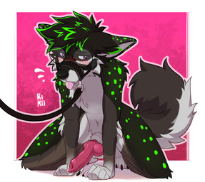5_fingers all_fours animal_genitalia animal_penis anthro balls big_penis blush blush_lines bodily_fluids canine_genitalia canine_penis ears_back ears_down embarrassed erection eyewear facial_markings feet fingers fox_ears fox_tail fur genital_fluids genitals glasses good_boy green_body green_fur green_hair green_markings grey_body grey_fur hair head_markings hindpaw knot knotted_penis leaking_precum leash leashed_male leashed_top looking_aside male markings multicolored_body multicolored_fur muzzle_(marking) muzzle_(object) muzzled nude on_ground open_mouth paws penis pink_penis pivoted_ears precum precum_on_penis purple_eyes red_penis seductive service_top sheath simple_background solo submissive submissive_anthro submissive_male tail text tongue tongue_out wearing_glasses white_body white_fur fenneckiro thejerryfox canid canine fox mammal 1:1 2026 4k absurd_res artist_name colored digital_drawing_(artwork) digital_media_(artwork) full-length_portrait hi_res portrait shaded