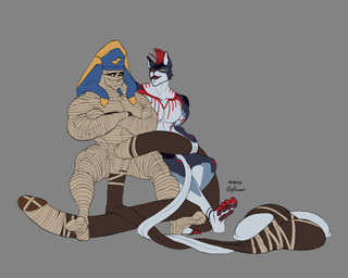anthro balls balls_frottage big_balls big_penis black_body blue_eyes bodily_fluids claws clothing crossed_arms duo egyptian egyptian_clothing egyptian_headdress eye_of_horus fake_beard feet genital_fluids genitals grey_background hair handjob huge_balls huge_penis hyper hyper_balls hyper_genitalia hyper_penis khamun male markings multicolored_body nemes_(clothing) not_furry pawpads penile penis precum prehensile_balls prehensile_penis red_claws red_hair saggy_balls sex simple_background sitting smile smiling_at_another soles spread_legs spreading striped_markings stripes wraps yellow_eyes joyhouser meeper canid canine canis humanoid mammal mummy undead wolf 5:4 hi_res