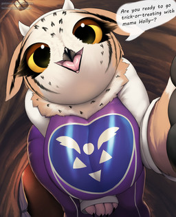 anthro beak big_breasts biped black_eyes breasts clothing cosplay delta_rune_(emblem) detailed_background dialogue eyelashes feathers female huge_breasts looking_at_viewer low-angle_view non-mammal_breasts open_mouth open_smile pupils purple_clothing purple_robe question_mark robe smile solo speech_bubble standing symbol tongue yellow_sclera thousandfoldfeathers dungeons_and_dragons hasbro undertale_(series) wizards_of_the_coast holly_(thousandfoldfeathers) toriel avian bird owl owlbear 2025 hi_res