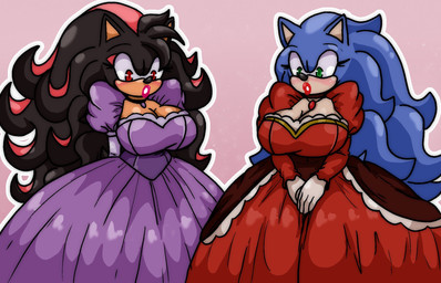 anthro big_breasts black_hair blue_hair blush breasts cleavage clothed clothed_anthro clothed_female clothing crossgender dress duo female gloves green_eyes hair handwear lipstick long_hair makeup mtf_crossgender multicolored_hair pink_lipstick purple_clothing purple_dress red_clothing red_dress red_eyes red_hair tail two_tone_hair broth_nsfw sega sonic_the_hedgehog_(series) shadow_the_hedgehog sonic_the_hedgehog eulipotyphlan hedgehog mammal 2025 hi_res