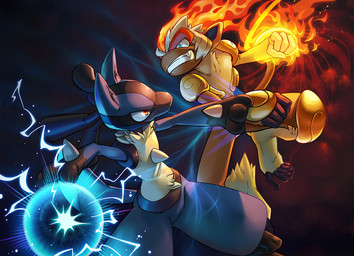 ambiguous_gender anthro aura aura_sphere battle black_body black_fur blue_body blue_eyes blue_fur contrast duality duo dutch_angle fangs feet fight fire fur open_mouth prehensile_feet red_eyes spikes teeth toes yellow_body yellow_fur torio000 nintendo pokemon canid canine generation_4_pokemon haplorhine infernape lucario mammal monkey pokemon_(species) primate 2014 digital_media_(artwork) hi_res