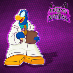 accessory anthro blue_body blue_clothing blue_shirt blue_topwear clipboard clothing coat eyebrows eyewear feet flippers floating_eyebrows geometric_background glasses grid_background holding_object lab_coat logo male necktie open_mouth pattern_background pencil_(object) purple_background shadow shirt simple_background smile solo topwear yellow_feet jazzydeetective club_penguin gary_the_gadget_guy avian bird penguin 1:1 absurd_res hi_res