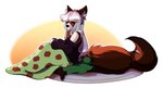 anthro bedding beverage big_tail blanket blush clothing female hair pillow pink_hair simple_background smile smiling_at_viewer solo sweater tail tea topwear white_hair hazelkisses zelena_larkin ailurid mammal red_panda