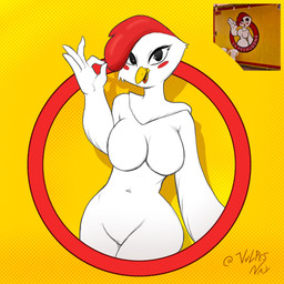 anthro avian_caruncle big_breasts black_eyes blush breasts comb_(anatomy) female head_crest smile solo text thick_thighs white_body vulpesnay la_pechugona avian bird chicken galliform phasianid 1:1 absurd_res hi_res spanish_text
