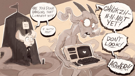 anthro athletic athletic_female blush bodily_fluids computer duo electronics facial_horn female floppy_ears fur horn inside male nose_horn nude objectophilia tail tent text animancer dragonhead mythology luck_(animancer) dipodid dragon jerboa mammal mythological_creature mythological_scalie rodent scalie 16:9 absurd_res english_text hi_res monochrome sepia widescreen