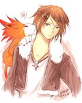 ambiguous_gender claws clothed clothing duo facial_scar fur heart_symbol jacket jewelry male necklace orange_body orange_fur scar simple_background topwear white_background pesopp final_fantasy final_fantasy_viii square_enix squall_leonhart felid human mammal moomba