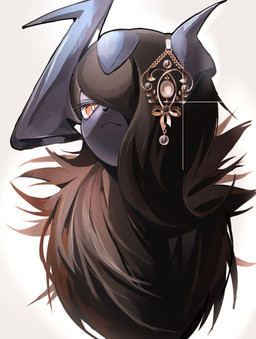 ambiguous_gender black_body black_fur black_hair eyelashes feral fur hair horn jewelry looking_at_viewer one_eye_obstructed red_eyes simple_background solo mmocc123 nintendo pokemon pokemon_legends_z-a generation_9_pokemon mammal mega_absol_z mega_evolution pokemon_(species) 2025 hi_res