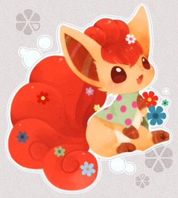 3_toes accessory ambiguous_gender blue_flower blush brown_body brown_eyes brown_fur brown_inner_ear brown_markings brown_pawpads capelet chibi clothed clothing curled_tail digitigrade feet feral flower flower_in_hair flower_on_tail fur gloves_(marking) green_capelet green_clothing green_flower green_inner_ear grey_background hair hair_accessory leg_markings markings multi_tail multicolored_body multicolored_clothing multicolored_fur one_fang open_mouth open_smile pattern_clothing pawpads paws pink_capelet pink_clothing pink_spots plant red_body red_flower red_fur red_hair red_tail simple_background sitting smile socks_(marking) solo spots spotted_clothing stripes tail tan_body tan_fur toes two_tone_capelet two_tone_clothing white_body white_flower white_fur white_markings yellow_flower michi_runi nintendo pokemon canid canine generation_1_pokemon mammal pokemon_(species) vulpix digital_media_(artwork) unavailable_at_source