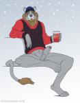 anthro balls biped brown_hair clothed clothing erection facial_hair foreskin fur genitals grey_body grey_fur hair male partially_clothed partially_retracted_foreskin penis simple_background snow solo vein crocdragon89 xander_olivieri felid lion mammal pantherine