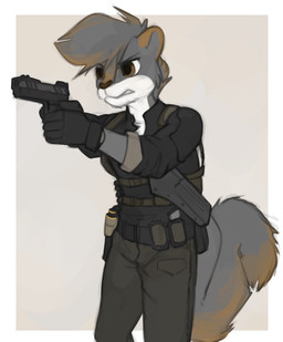 alternate_species anthro border bottomwear brown_eyes brown_highlights clothing countershading fur furrification grey_body grey_fur grey_hair gun hair handgun highlights_(coloring) holding_gun holding_handgun holding_object holding_pistol holding_ranged_weapon holding_weapon holster male pants pistol ranged_weapon shirt simple_background solo tan_background topwear weapon white_body white_border white_countershading marsminer capcom resident_evil leon_kennedy mammal rodent sciurid tree_squirrel