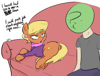?_face blush bodily_fluids butt duo ear_piercing female feral furniture lying male mature_female piercing profanity seductive sitting sofa sweat shoutingisfun friendship_is_magic hasbro my_little_pony anon ms._harshwhinny_(mlp) earth_pony equid equine horse human mammal pony