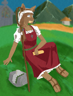 anthro baguette belt blue_eyes bread brown_hair building candle cane cathedral church clothing cross cross_necklace dress eating eating_bread eating_food female field food footwear fur grass hair house inner_ear_fluff jewelry kerchief mountain necklace night on_grass on_ground plant ponytail red_clothing red_dress rock sandals shepherd shepherd's_crook shoes side_ponytail solo tan_body tan_fur tuft wheat_field white_clothing white_dress juth canid canine canis domestic_dog mammal absurd_res hi_res huge_filesize