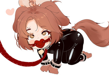 all_fours bdsm blush bodysuit bondage bound brown_hair clothing collar cuff_(restraint) female gag hair handcuffs heart_eyes heart_symbol latex leash loli metal_cuffs pacifier pacifier_gag restraints shackles simple_background skinsuit solo tight_clothing white_background young ungatox3 opal_(kdf) animal_humanoid canid canid_humanoid canine canine_humanoid dog_humanoid humanoid mammal mammal_humanoid 2020 absurd_res hi_res