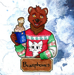 5_fingers abstract_background anthro blue_background brown_body brown_fur clothing container cup fingers front_view fur holding_container holding_cup holding_mug holding_object looking_at_viewer male mug neck_tuft open_mouth orange_eyes simple_background solo sweater text topwear tuft toxstar boy_kisser_(meme) e621 ned's_hot_cocoa bearphones bear brown_bear grizzly_bear mammal ursine 2026 absurd_res hi_res meme traditional_media_(artwork)