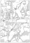all_fours animal_genitalia anthro arthropod axe backsack balls boots butt clothed clothing comic dale_(furronika) detailed_background dialogue duo english_text equid equine exclamation_point feral footwear forest fully_sheathed furronika genitals grass greyscale hi_res horse insect kick kneeling male mammal melee_weapon monochrome muscular muscular_male nude on_one_knee outside plant plantigrade presenting presenting_hindquarters rear_view sheath speech_bubble standing tad_(furronika) text topless tree weapon