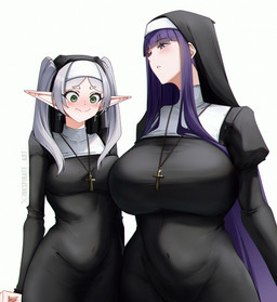 big_breasts breast_squish breasts breasts_frottage clothing duo female female/female green_eyes hair huge_breasts humanoid_pointy_ears long_hair medium_breasts navel nun_habit nun_outfit pointy_ears purple_hair religious_clothing squish thick_thighs white_hair wide_eyed wide_hips inkspirate frieren_beyond_journey's_end fern_(frieren) frieren elf human humanoid mammal hi_res