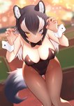 blue_eyes breasts clothing cuff_(restraint) female heterochromia leotard restraints solo wolf_ears wolf_tail wrist_cuffs yellow_eyes st.takuma kemono_friends grey_wolf_(kemono_friends) animal_humanoid canid canid_humanoid canine canine_humanoid canis humanoid mammal mammal_humanoid wolf wolf_humanoid