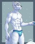 5_fingers abs anthro blue_background blue_eyes bulge claws clothed clothing collarbone eyebrows fingerpads fingers fur grey_nose hair looking_aside male muscular muscular_anthro muscular_male navel nipples pawpads short_hair simple_background skimpy snow snowing solo speedo standing stripes swimwear tattoo teal_clothing teal_swimwear topless v-cut white_body white_fur white_hair feralise arctic_fox canid canine fox mammal true_fox 2017 4:5 portrait three-quarter_portrait