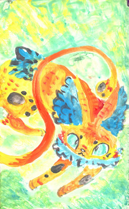 ambiguous_gender blue_body blue_fur feral fur lying multicolored_body multicolored_fur on_front orange_body orange_fur solo teal_eyes naircat domestic_cat felid feline felis mammal 2015 gouache_(artwork) hi_res painting_(artwork) traditional_media_(artwork) traditional_painting_(artwork)