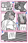 anthro barazoku bench bottomwear burger clothing feet food footwear male male/male muscular pants pawpads paws shirt solo topwear cl.rudolph mcdonald's mythology garth_mentzel_monroe canid canine mammal mythological_canine mythological_creature werecanid werecanine werecreature werewolf absurd_res comic hi_res