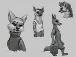 4:3 anthro avo_(weaver) canid canine canis charlie_(weaver) clothed clothing corsac_fox disney dress flakjackal fox greyscale group holding_object hyena jackal mammal monochrome ozzy_(weaver) pack_street shirt standing striped_hyena tank_top topwear true_fox zootopia